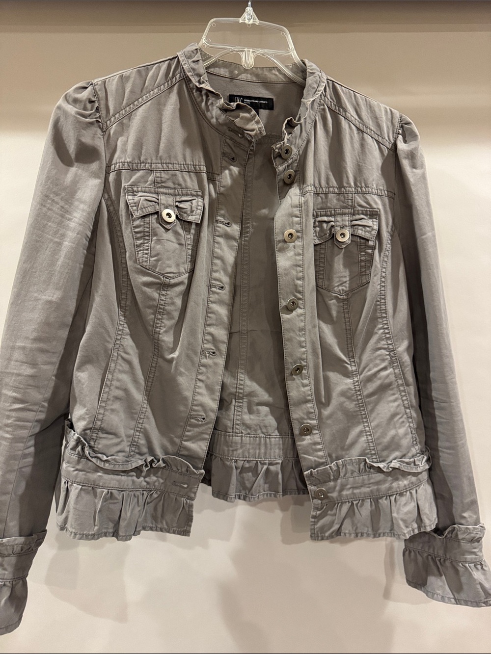 INC International Concepts Light Gray Ruffled Button-Front 100% Cotton Jacket